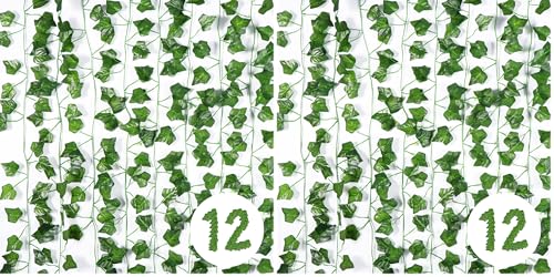 Vinabo Hiedra Artificial Decoración de Habitación, 12Pcs 2.1 m Hiedra Artificial Planta, Guirnalda de Lazos para Habitación, Cocina, Patio, Columpio, Boda, Oficina, Fiesta, Verde (Paquete de 2)