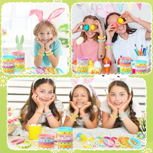 Image of JUNEBRUSHS 64pcs Easter Party Favors Silicone Bracelets Easter Egg Fillers