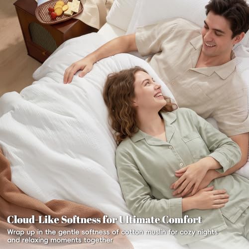 Image of PHF Cotton Muslin Comforter Set Queen, Ultra Soft Breathable, White