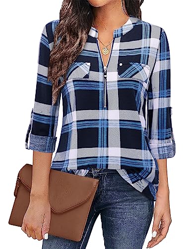 Image of Bulotus 3 /4 Length Sleeve Womens Striped Tops Zipper V Neck Collared Blouses Business Casual Tunics 2026 Spring Trendy