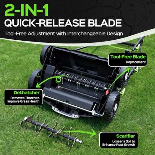 TIECTOWN 2026 Upgrade 16-Inch 15.5 Amp 2-in-1 Electric Dethatcher and Scarifier with 14.5-Gallon Collection Bag, Lawn Dethatcher with 5-Position Depth Adjustment, Keeps Lawn Healthy – Lime Green