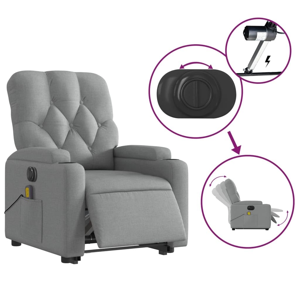 Sillón elevador eléctrico con masaje de 6 puntos y reclinación automática, gris claro de tela, función elevación y vibración, estructura estable