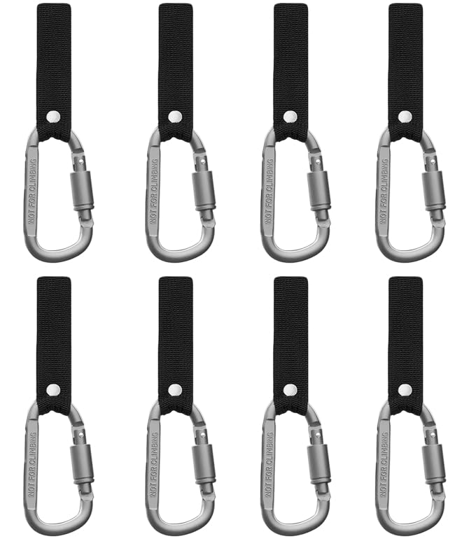 8 pieces D-shaped snap hooks with screw closure and webbing strap Snap hook with screw closure + stopper D-ring hooks Snaps hook for work camping motorbike car (Grey)