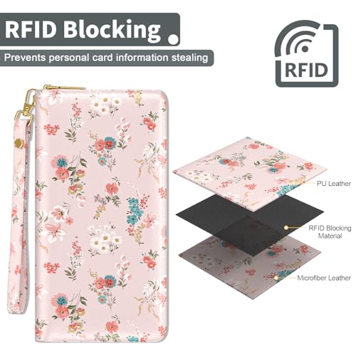 Nipichsha Womens Wallet, RFID Wristlet Wallet for Women, Cute Ladies Purse, Large Credit Card Clutch Purse, Leather Card Holder Wallets with Zipper & Phone Holder, Pink Flowers4