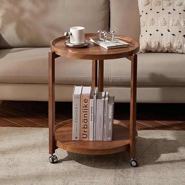 Wood Round Mobile Shelving Unit Organizer,Trolley Organizer Serving Cart,Mobile Storage Cart for Living Room Kitchen Bathroom(Brown)-uFsJHcBw