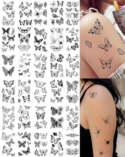 30sheets Black Butterfly Temporary Tattoos for Women Temporary Tattoos Waterproof Long Lasting Tattoos Stickers Sexy Fake Tattoo for Adults Flower Stars Moons