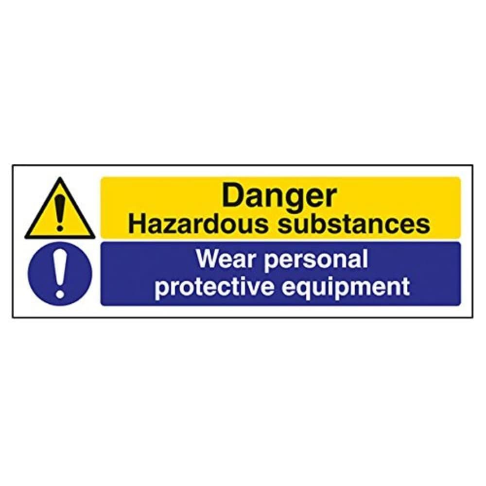 V Safety Danger Hazardous Substances, Wear Personal Protective Equipment Warning Sign - 300mm x 100mm - 1mm Rigid Plastic