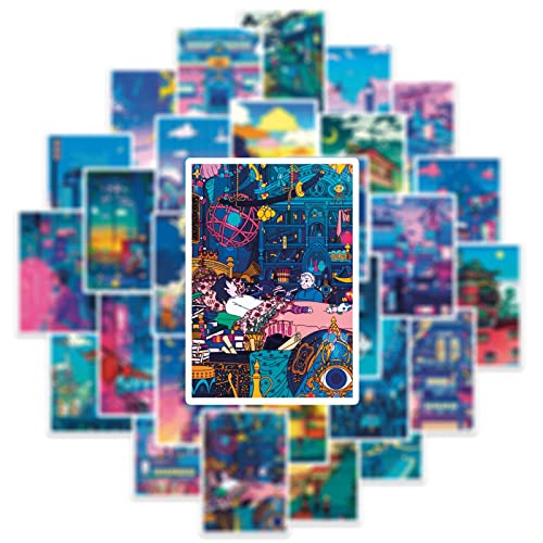 50pcs Japanese Anime Night Scene Sticker Cityscape Stickers Laptop Waterbottle Stickers for Kids Boys Girls Teens Anime Fans (Night Scene)