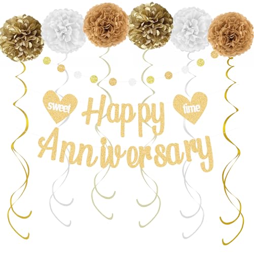 KOKAR Happy Anniversary Decorations – Gold Happy Anniversary Banner, Paper Pom Poms, Hanging Swirls and Glitter Circle Dots Garland for Wedding Decorations