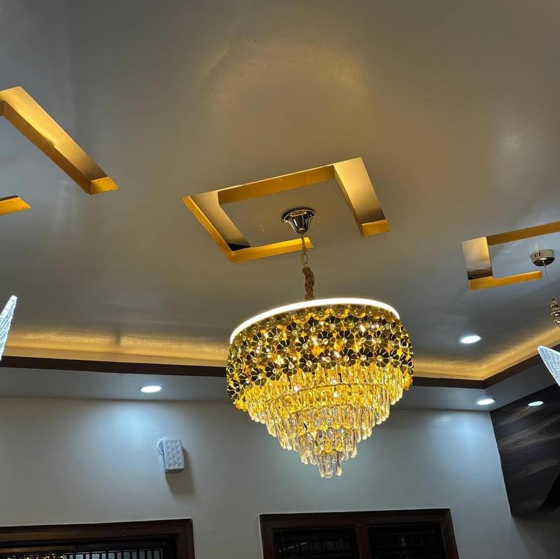 Image of Luxury Flower Crystal Chandelier - 500mm Gold Finish with LED Lighting Gold Fixtures 20 inch Round, Stainless Steel Tube Crystal Golden Finish Exqusite Design Pendant for Home and Office
