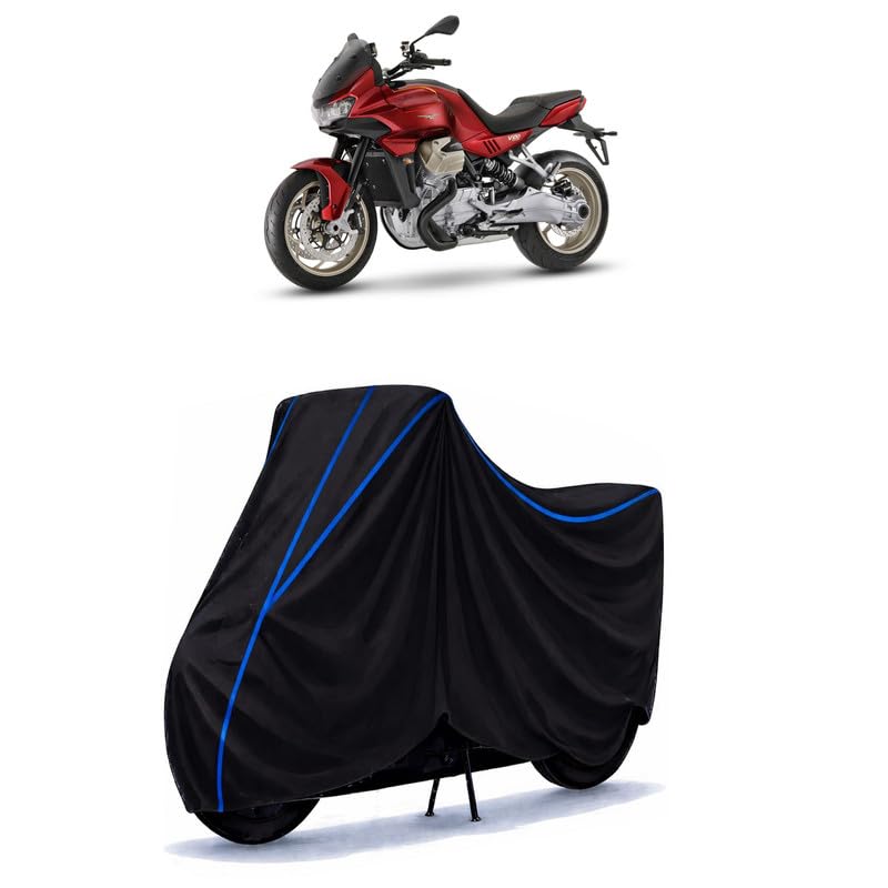 Image of V100 Mandello Bike Cover Water Resistant Universal Motorcycle Rain | Heavy Duty UV Protection, Dust, Scratch Indoor Outdoor All Weather with Black Blue Piping Elastic