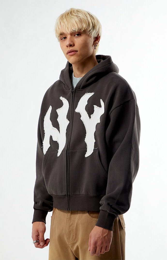 PacSun Men's NY Raw Applique Full Zip Up Hoodie