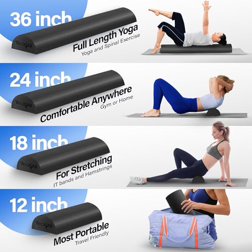Image of Yes4All Half Foam Roller, PE Material, Medium Firm, Back Roller for Stretching, Mobility, Yoga & Pilates, Black, 12 Inch