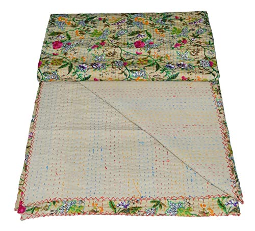 YUVANCRAFTS Indian Handmade Floral Print Kantha Quilt Twin Size Vintage Kantha Kantha Throw Bkanket Bedspread