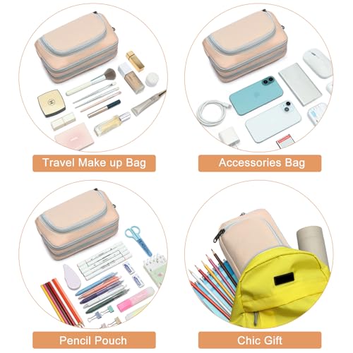 Image of XQXA Pen Pouch Large Capacity Pencil Case Organizer, Multifunctional Pencil Pouch with 3 Compartmens, Big Pencil Bag for Office Travel Men Women Adult (01-Creamy Rice)