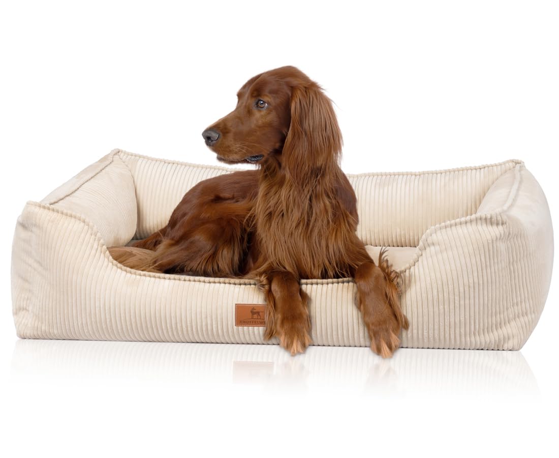 Knuffelwuff Nunavut S Orthopaedic Dog Bed Made of Corduroy with Handwoven Character 70 x 50 cm, Beige, Removable Cover, Washable, for Large, Medium and Small Dogs
