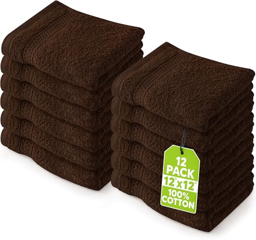 Image of Utopia Towels 12 Pack Premium Wash Cloths Set, 12 by 12 Inches, 100% Cotton Ring Spun, Highly Absorbent and Soft Feel Essential Washcloths for Bathroom, Spa, Gym, and Face, Dark Brown