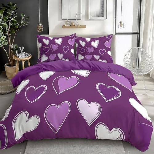Funda Nordica Cama 90 Amor Corazon 3D Funda Edredón Morado 150x200 cm, Ropa de Cama Ligera y Cómoda Microfibra con Cremallera y 2 Fundas de Almohada Fácil Cuidado M/7576
