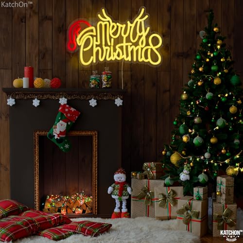 Image of KatchOn, Large Merry Christmas Neon Signs - 16x10 Inch | Window Christmas Decorations Indoor | Xmas Party Decorations, Holiday Decor | Santa Hat Sign USB Powered LED Lights