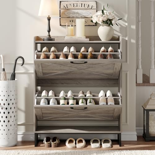 Image of Maupvit Shoe Cabinet with 2 Flip Drawers, Freestanding Shoe Cabinet Organizer with Metal Legs, Shoes Storage Cabinet for Entryway, Narrow Shoe Rack Cabinet, Washed Gray