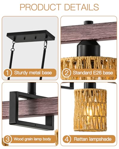 3-Light Kitchen Island Light Fixture, Linear Chandelier for Dining Room, Rustic Pendant Light Over Table, Handmade Woven Farmhouse Wicker Chandelier, Dark Wood Finish for Kitchen Island - image 5