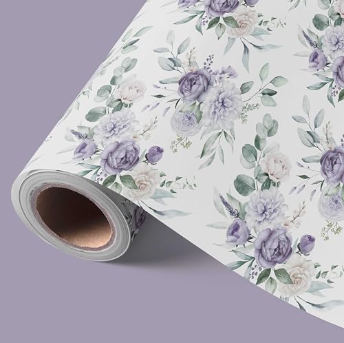 VCOOHM Reversible Purple Floral Wrapping Paper Roll - 17 Inches x 9.8 Feet Gift Wrap with Floral and Purple Design for Wedding Birthday Bridal Shower Mothers Day