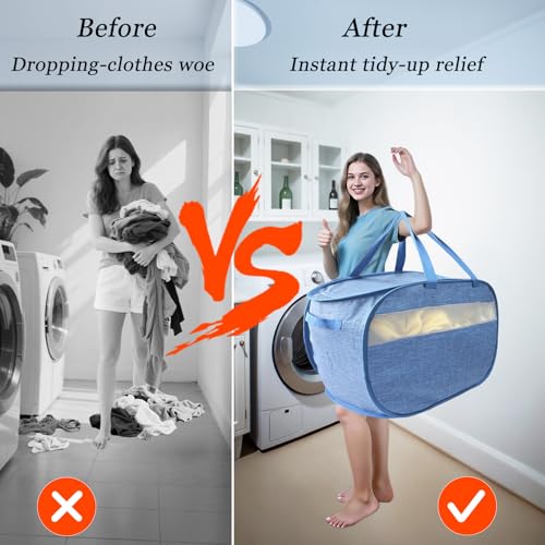Image of Upgraded 100L Extra Large Mesh Pop Up Laundry Hamper with Lid and Handles. XL Closet Storage Bins, Dirty Clothes Basket for Dorm Home, Foldable Laundry Basket. Blue. H
