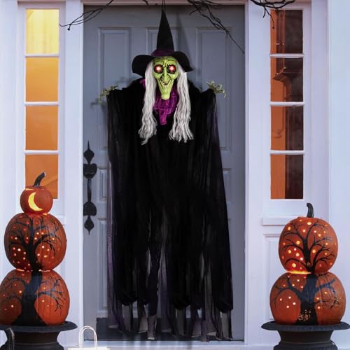 150cm Animierte Hexe für Halloween Deko 🎃 – Sprachaktiviert, Leuchtende Augen & Gruselige Bewegung für Spukhäuser!