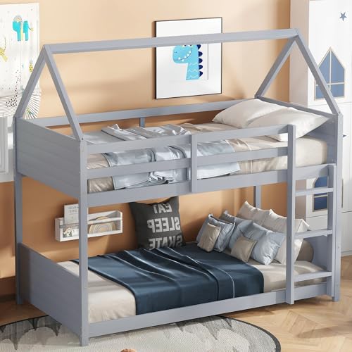 Ball & Cast Twin Over Twin House Bunk Bed for Kids,Rubber Wood Bunk Bed with Headboards, Footboards and Guardrails, Ladder,Twin Size House Shaped Bunk-Bed, No Box Spring Needed,Gray