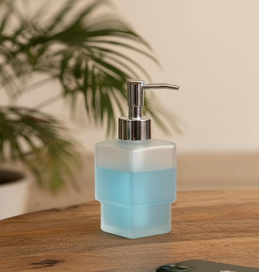 Image of Modern Frosted Glass Liquid Soap Dispenser for Bathroom and Kitchen Sink - 300ml Square Stepped Design Bottle with Rust-Proof Chrome Pump Luxury Hand Wash & Lotion Dispenser (Square LX-O)