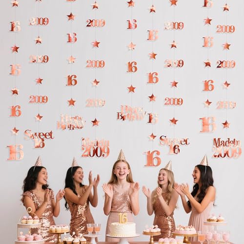 Image of 12PCS Rose Gold 16th Birthday Decorations Number 16 and 2009 Star Garland Streamer Banner Backdrop for Girls Boys Cheers to 16 Years Birthday Vintage Made in 2009 Sweet Sixteen Party Decor Supplies