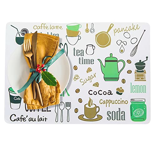 Image of YELONA Rectangular PVC Vinyl Non-Slip Insulation Heat-Resistant & Waterproof Stain Resistant Washable Placemat for Dining & Kitchen Table-(White & Dark Green,Set of 4)