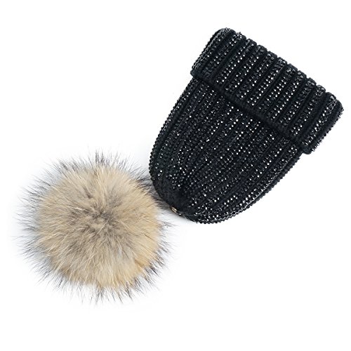 Lawliet Lady Rhinestone Bling Pom Pom Knit Snow Beanie Ski Hat Skull Cap A391 (All Black) #TOP2