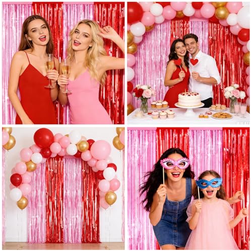 Image of 4 Packs Pink and Red Foil Fringe Curtain, Pink Red Metallic Tinsel Backdrop for Birthday, Baby Shower, Princess Bachelorette Party, Valentines Party Decorations Supplies