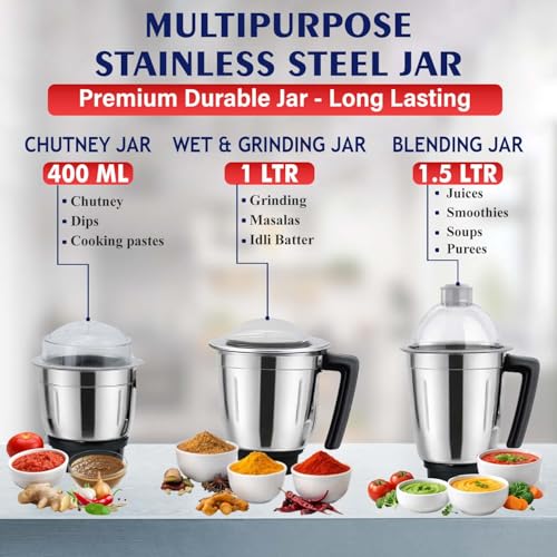 Image of Kanchan Tiago Mixer Grinder 750 watt - Stainless Steel Jars for Wet & Dry Grind & Blend (Chutney, Juice, Puree, Batter, Masala)- Heavy Duty Motor Mixi Grinder, 5 Year Warranty, ISI Certified (3 Jar)
