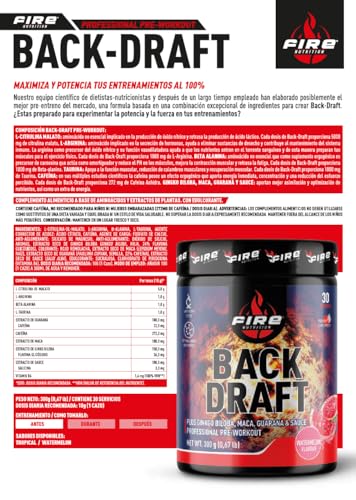 Fire Nutrition - BackDraft Pre Workout 300gr - Sabor Watermelon - PreEntreno con 327mg de Cafeina, Combinación de Taurina, Guarana, BetaAlanina, Arginina, Citrulina, Creatina, Maca, Ginkgo Biloba - Imagen 3