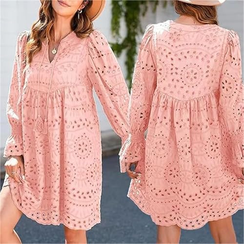 The Beauty North Eyelet Dress, Women's Elegant Hollow-Out V-Neck Short Sleeve Casual Ruffle Mini Dress4