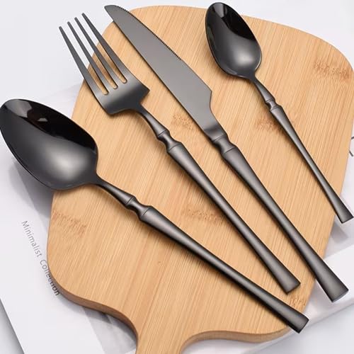 Image of 24 Pcs Black Slim Handle Stainless Steel Cutlery Set for Dining Table with Spoons and Forks Set + Butterknives - The Perfect Tableware /Flatware