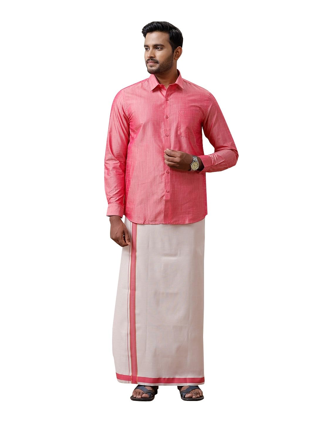 ramraj cotton Men Cotton Blend Full Sleeve Shirt and Tissue Dhoti Set |-picture-19