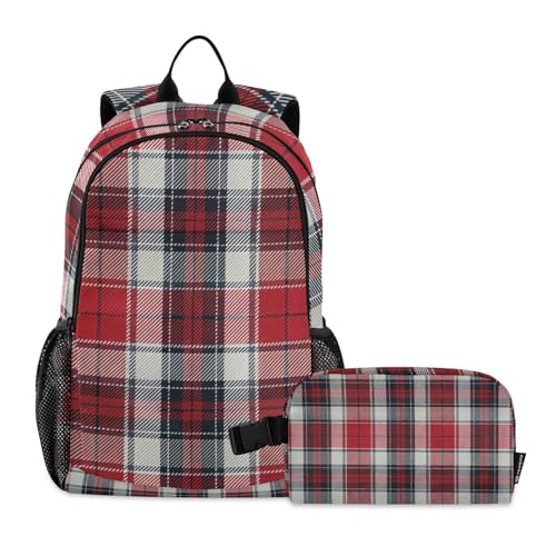 Plaid Red White Black Backpack for School Boys Girls and Teens, Backpack for Men and Women, Lightweight Bookbag with Lunch Box Travel Laptop Daypack 18.5 x 11.8 In