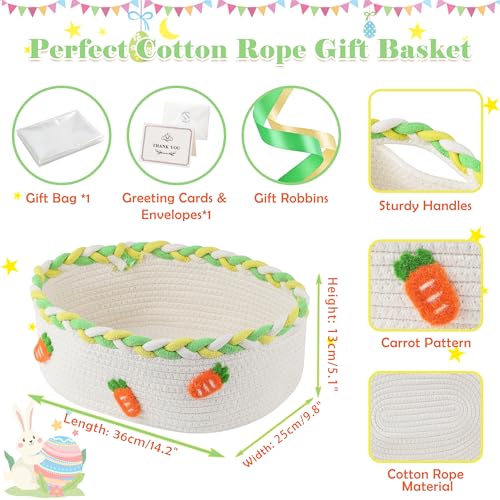 Image of Mothers Day Gifts Basket for Mom Wife Women Her Small Woven Gift Baskets Empty with Cellophane Bags and Ribbons, Nursery Chest Box Cotton Rope Shelf Storage Basket with Handles, 14.2 inchx 9.8 inchx 5.1 inch