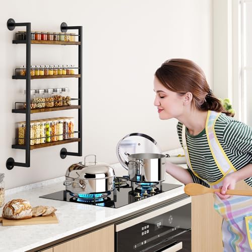IBUYKE LJ016H - Portaspezie da parete, 4 ripiani, grande organizer per spezie fino a 50 bicchieri, in legno, per cucina, porta armadio, bagno, dispensa, marrone - immagine 3