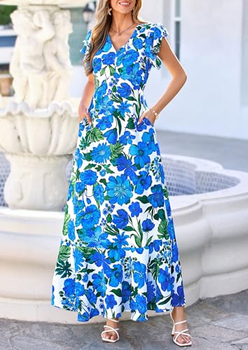 Image of PRETTYGARDEN Womens Summer Boho Floral Maxi Dress | V Neck Ruffle Sleeve Tiered A-Line Sundress, Lightweight Flowy Long Dresses for Spring Wedding Guest, Cocktail Party, Cruise