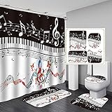 SKAILIÉ 4PCS Colorful Musical Notes Shower Curtain Set, Fantasy Music Stave Melody Clef Instruments Abstract Art Black and White Piano Keys Bathroom Decor, Non-Slip Bath Rugs Toilet Mats, Butterfly