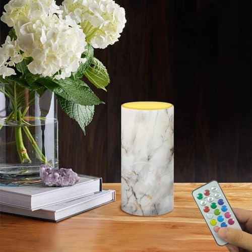Image of Flameless Light Candles Home Table Ornaments, Battery Operated Candles with Color Changing Timer Remote Control Fake Pillar Candles Tealights Home Decor, White Grey Marble