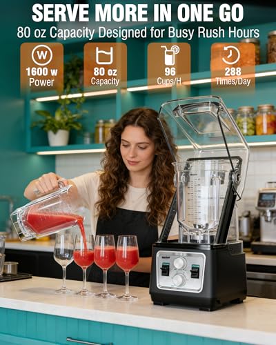 Image of WantJoin Commercial Blender- 80Oz Quiet Shield Smoothie Blender, 1600W Professional Ice Crusher with 6 Blades & 15 Speeds, High-speed Ice Drink Maker for Restaurant Cafe Home, Dishwasher Safe