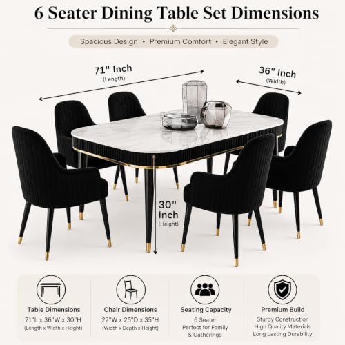 Image of The Homeartz 6-Seater Modern Wooden Dining Table Set | 1 Year Warranty | Created Italian Statuario Marble Top | Elegant Composite Marble Table with 6 Chairs (Black)