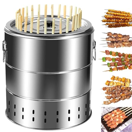 Parrilla portátil sin humo, parrilla de acero inoxidable con 28 pinchos y parrilla de cocción, 15.4 pulgadas de diámetro