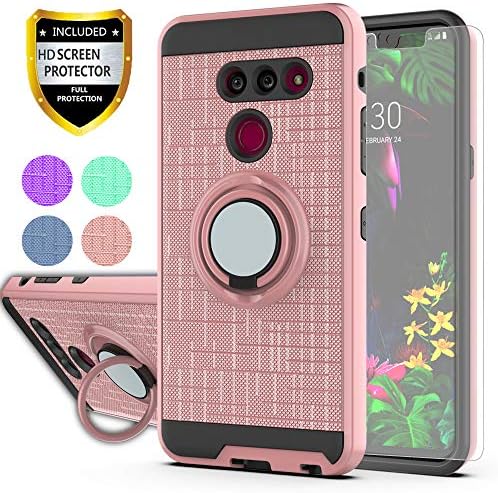 YmhxcY Compatible for LG G8 Case LG G8 ThinQ Case with HD Screen Protector,360 Degree Rotating Ring & Bracket Dual Layer Shock Bumper Cover for LG G8-ZH Rose Gold