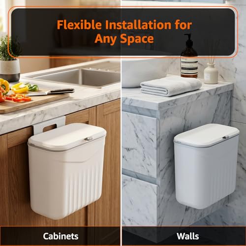 Image of Amazon Basics 7 Litre Kitchen Dustbin with Lid, Hanging Plastic Trash Can for Cabinet Door, Wall Mounted Garbage Bin, Double-Sided Open Design - White